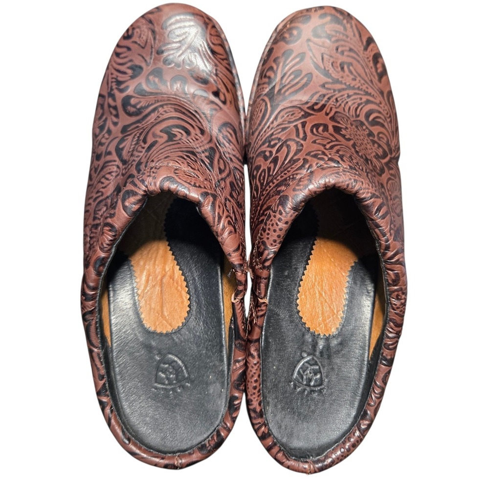 Ariat Fatbaby Clog Shoes Womens Size 8.5 B Brown Leather Slip On Floral 21124